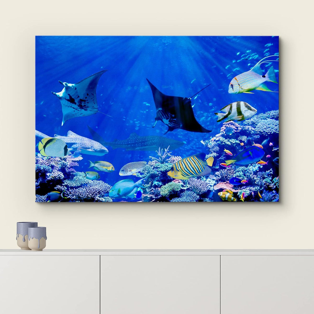 wall26 Canvas Print Wall Art Vibrant Sunlight Ray Ocean Shark Fish Reef Nature Animals Photography Realism Rustic Scenic Landscape Wilderness Earth for Living Room, Bedroom, Office - 32"x48"