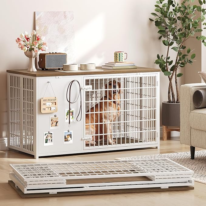 Foldable Dog Crate Furniture, 47.2" Dog Crate with DIY Frame, Heavy Duty Dog Kennel Indoor with Hooks, Wooden Dog Cage End Table, for Small/Medium/Large Dogs, White DC120WH