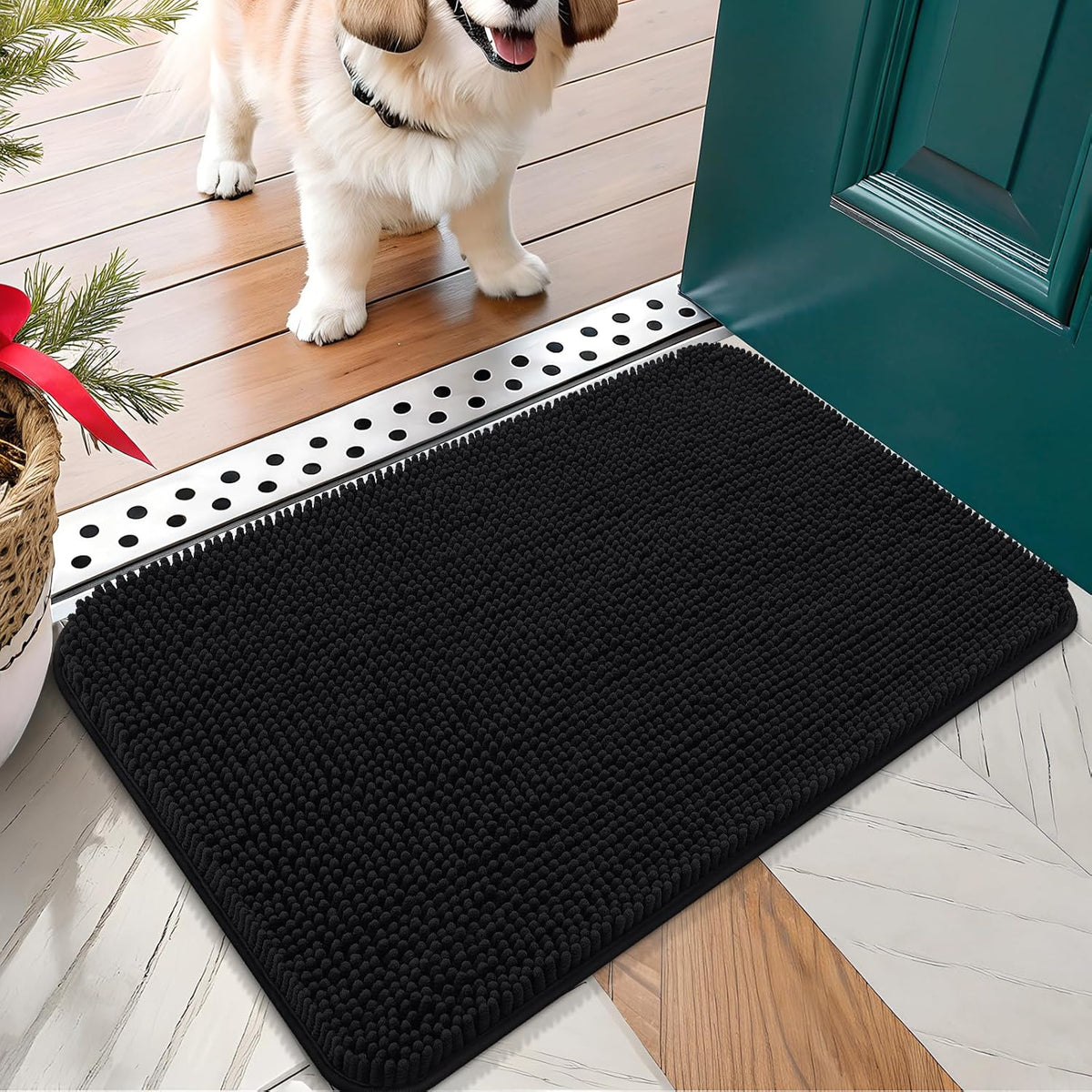 OLANLY Dog Door Mat for Muddy Paws 24x16, Absorbs Moisture and Dirt, Absorbent Non-Slip Washable Doormat, Quick Dry Chenille Mud Mat for Dogs, Entry Indoor Entryway Carpet for Inside Floor, Black