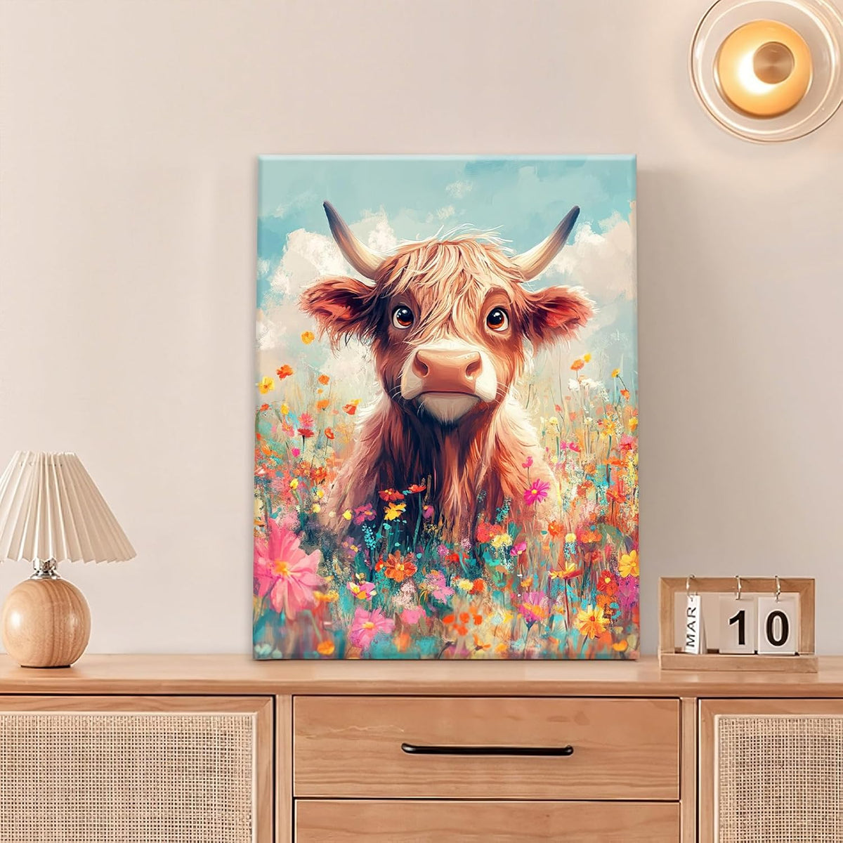 Highland Cow Wall Art Canvas Flower Cattle Wall Decor Prints Framed Painting Animal Pictures Gifts Artwork for Bathroom Living Dining Kitchen 12"x16"