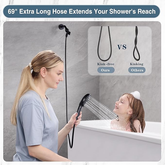 BRIGHT SHOWERS High Pressure Shower Head with Handheld, 9 Spray Settings Showerhead Built in Power Wash to Clean Tub and Pets, Extra Long 69" Hose, Adjustable Bracket, Oil-Rubbed Bronze