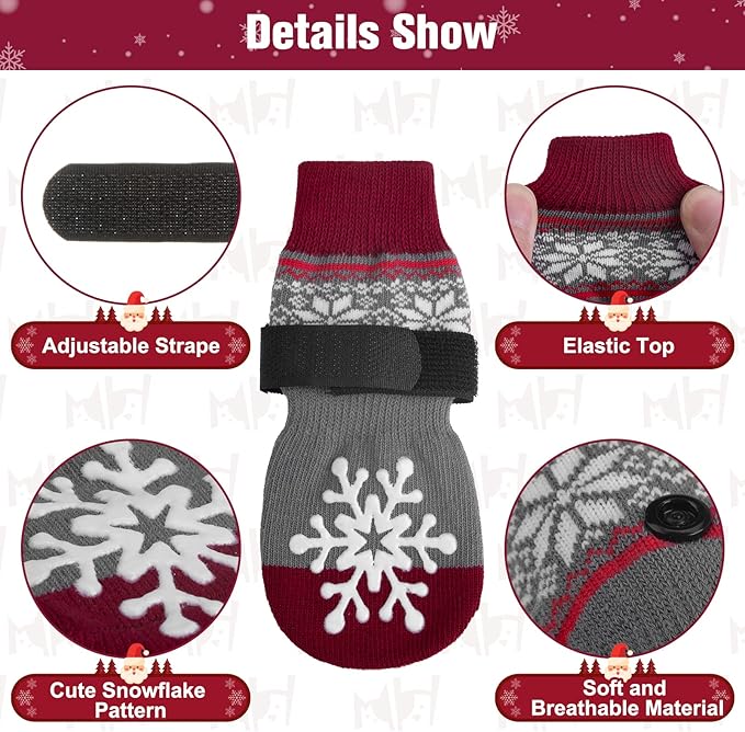 BEAUTYZOO Christmas Winter Anti-Slip Dog Socks with Grips Traction Control for Small Medium Large Dogs, Non Skid Indoor Double Side Pet Paw Protector for Hardwood Floor Wear, Snowflake S/M