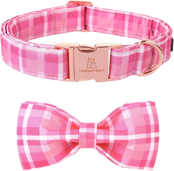 Lionheart glory Pink Plaid Dog Collar, Adjustable Dog Collar with Bowtie, Pet Gift Girl Collar for Dog Soft Bowtie Dog Collars for Medium Dogs