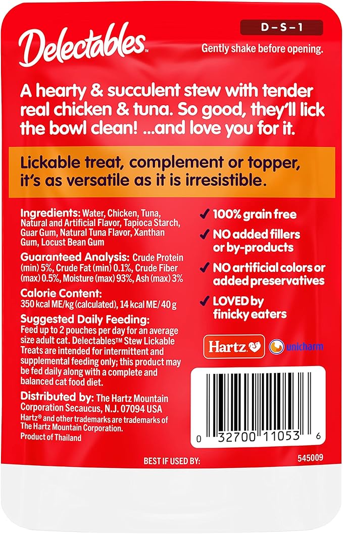 Hartz Delectables Stew Lickable Wet Cat Treats for Adult & Senior Cats, Chicken & Tuna, 1.4 Ounce (Pack of 12)