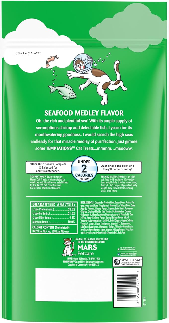 Temptations Classic Crunchy and Soft Cat Treats, Seafood Medley Flavor, 48 oz. Pouch