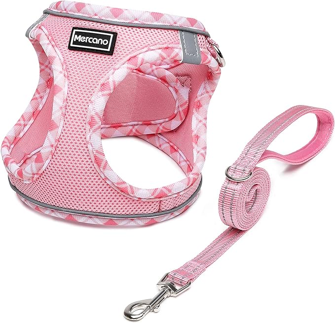 Mercano Soft Mesh Dog Harness and Leash Set, No-Chock Step-in Reflective Breathable Lightweight Easy Walk Vest Harnesses with Safety Buckle for Small Dogs, Cats (Pink, S)