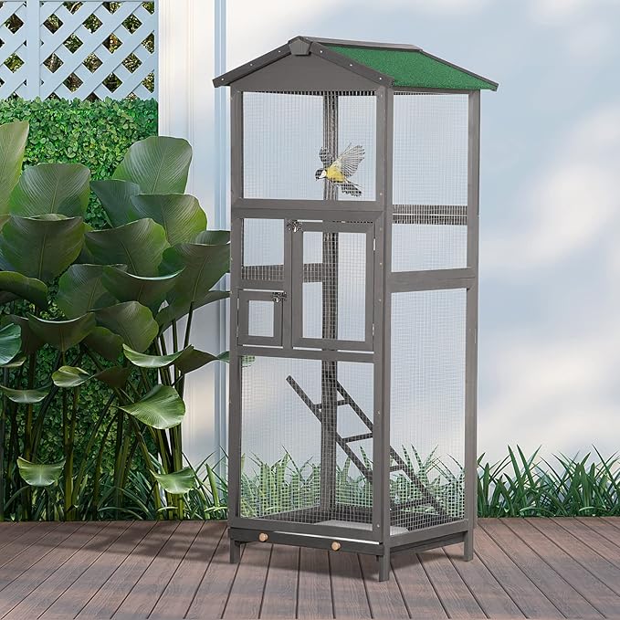 PawHut 65" Wooden Bird Cage Outdoor Aviary House for Parrot, Parakeet, with Pull Out Tray and 2 Doors, Grey