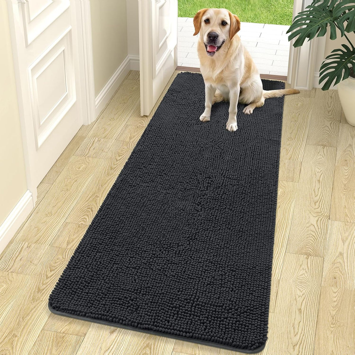 OLANLY Dog Door Mat for Muddy Paws 70x24, Absorbs Moisture and Dirt, Absorbent Non-Slip Washable Doormat, Quick Dry Chenille Mud Mat for Dogs, Entry Indoor Entryway Carpet for Inside Floor, Dark Grey