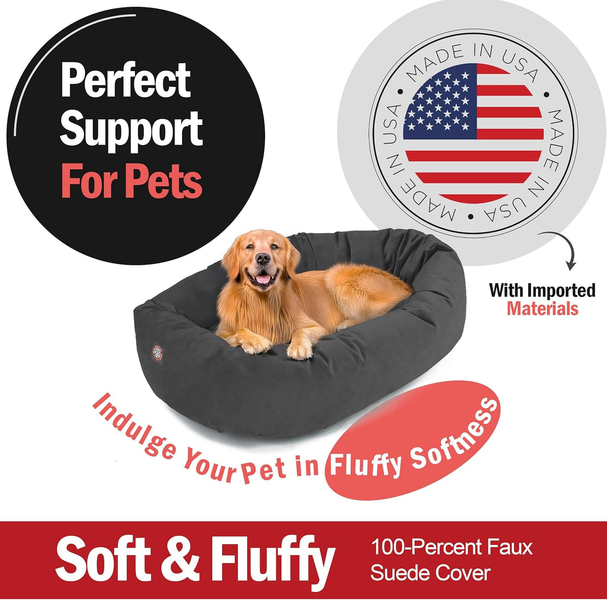 Majestic Pet 40 Inch Suede Calming Dog Bed Washable 40x29x9 (Inch) – Cozy Soft Round Donut Dog Bed with Spine Support for Dogs to Rest Their Head - Pet Bed Large – Gray (2025)