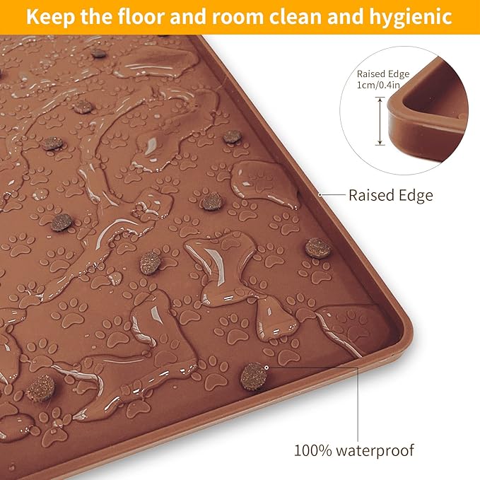 Ptlom Dog Food Mat Anti-Slip Bowl Mats for Food and Water, Waterproof Silicone Pet Placemat with High Raised Edges, Non-Slip Puppy Feeding Tray for Small, Medium Large Cats Dogs, Brown, 24.5" 16.5"