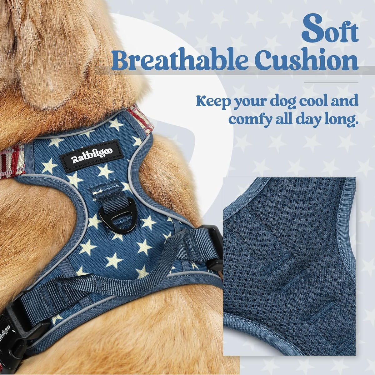 rabbitgoo Dog Harness No Pull with 2 Leash Clips, Adjustable Soft Padded, Reflective Oxford No Choke Pet Vest with Easy Control Handle for Large Dogs, Blue Star, XL
