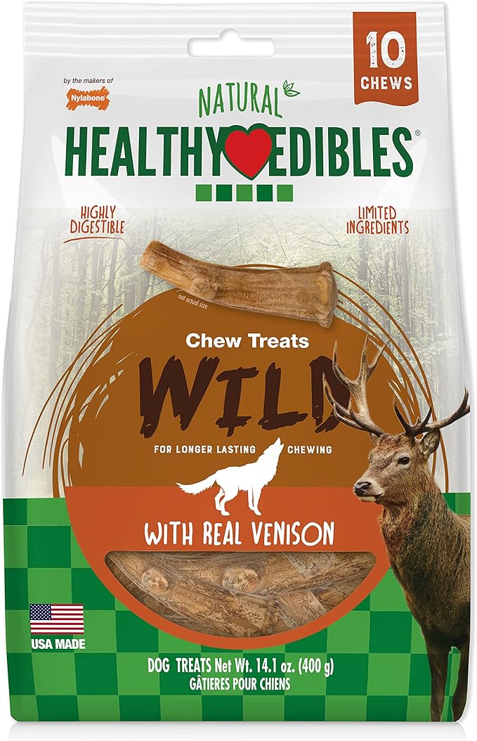 Nylabone Healthy Edibles WILD Natural Dog Chew Treats for Large Dogs, Long Lasting Dog Healthy Chew Antler Bone Made in USA, Venison Flavor, For Dogs Up to 50 lbs. (10 Count)