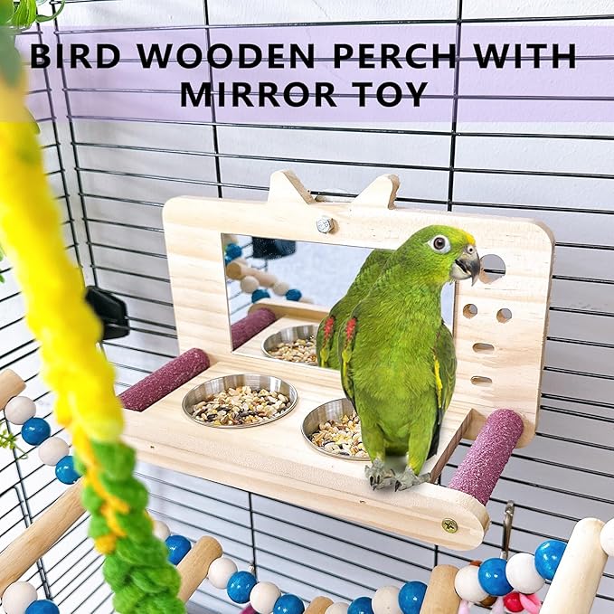Bird Mirror Parrot Perch with Mirror and Feeding Cups Parrot Cage Swing Wooden Mirror Fun Play Toy for Lovebird Parakeets Conures Cockatiels