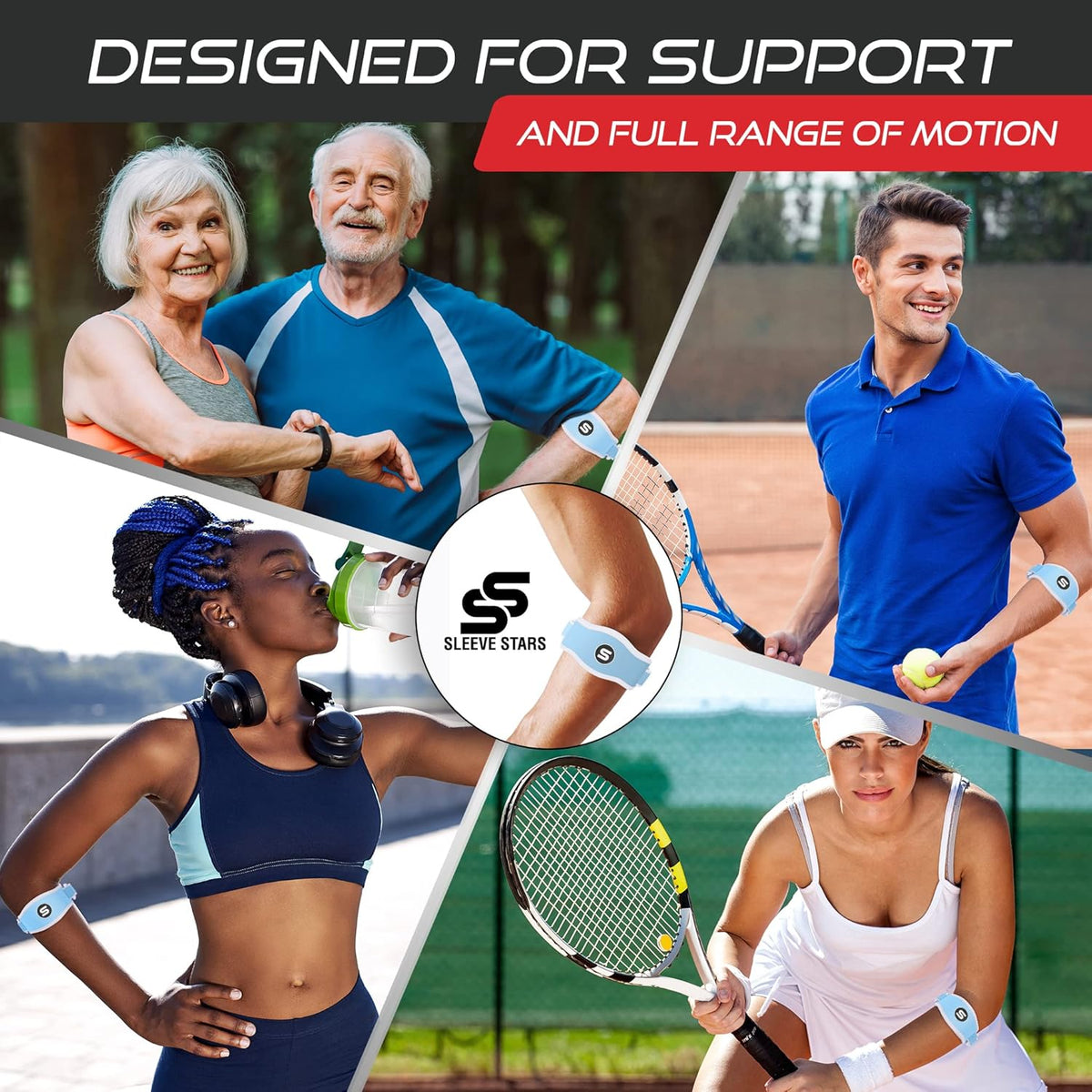 Sleeve Stars Tennis Elbow Brace for Women - Adjustable Tennis Elbow Strap, Golfers Elbow Brace for Men, Counterforce Brace for Tendonitis Relief, Fits 9"-23" (Single/Light Blue)