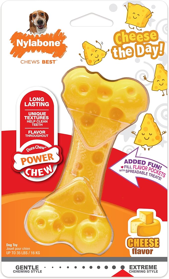 Nylabone Cheese Bone Power Chew Toy for Dogs, Cute Dog Toys for Aggressive Chewers, Cheese Flavor, Medium Dogs - Up to 35 lbs, 1 Count