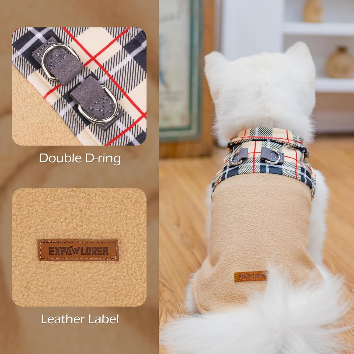 EXPAWLORER Fleece Dog Sweater for Small Medium Dogs - Classic Plaid Jacket, Doggie Winter Coat Vest with 2 D-Rings for Leash, Cold Weather Clothes, Pet Apparel,Sweatershirt for Boy or Girls