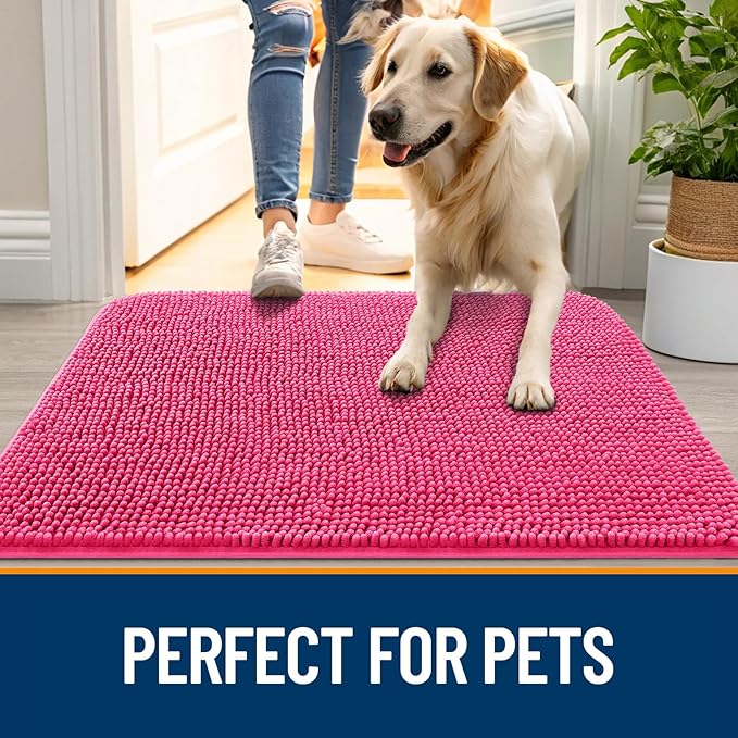 OLANLY Dog Door Mat for Muddy Paws 40x32, Absorbs Moisture and Dirt, Absorbent Non-Slip Washable Doormat, Quick Dry Chenille Mud Mat for Dogs, Entry Indoor Entryway Carpet for Inside Floor, Hot Pink