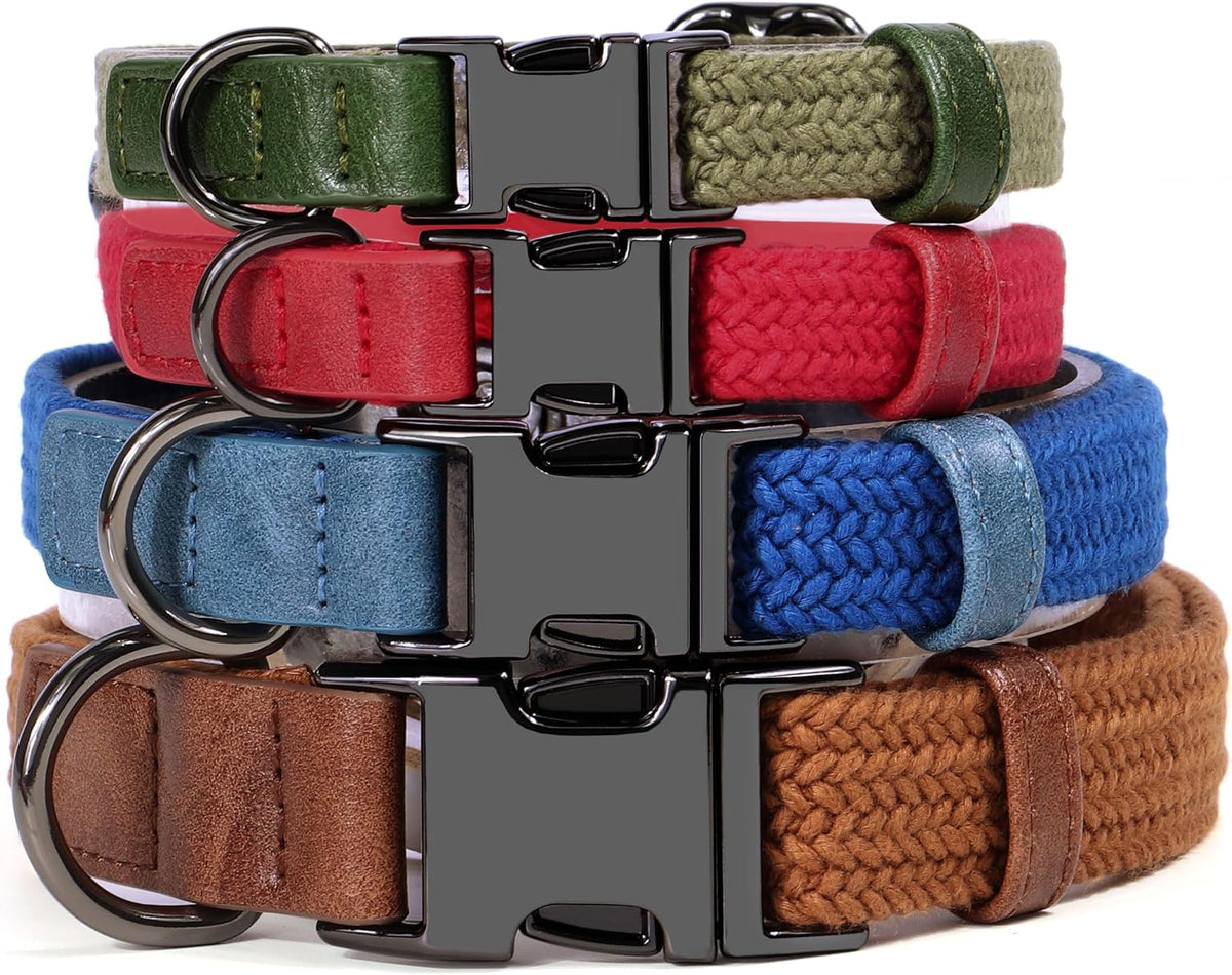 PET ARTIST Soft Cotton Dog Collars for Small Dogs in Stylish Green, Simple Dog Collar with Quick Release Metal Buckle & D Ring, S Size (10-16")
