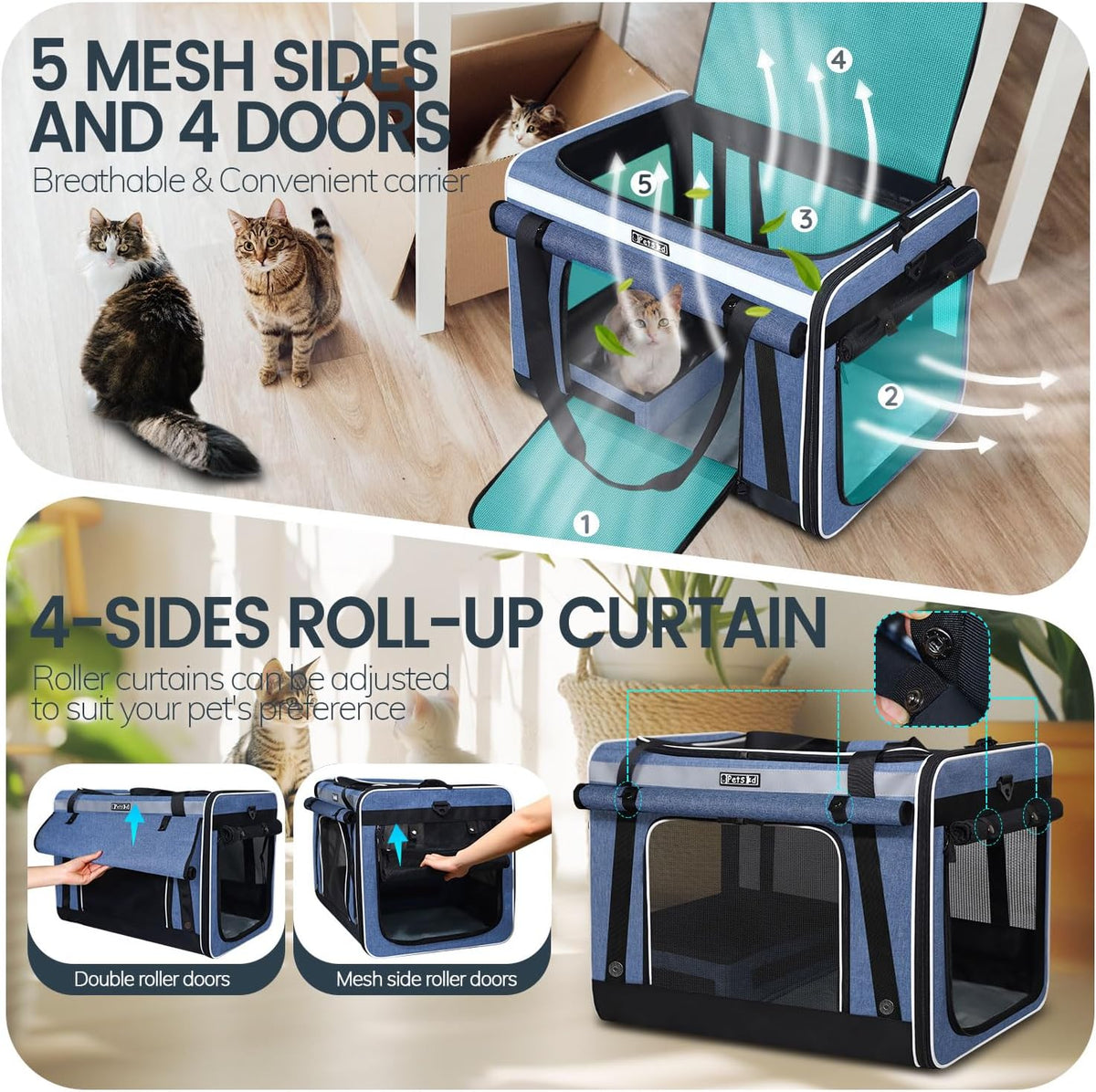 Petskd Extra Large Cat Carrier with Wheels and Litter Box, 24"x17"x17" Rolling Soft Carrier Until 55LBS Pets with 5 Breathable Mesh Windows and Locking Zippers for Long Distance Car Travel(Blue)