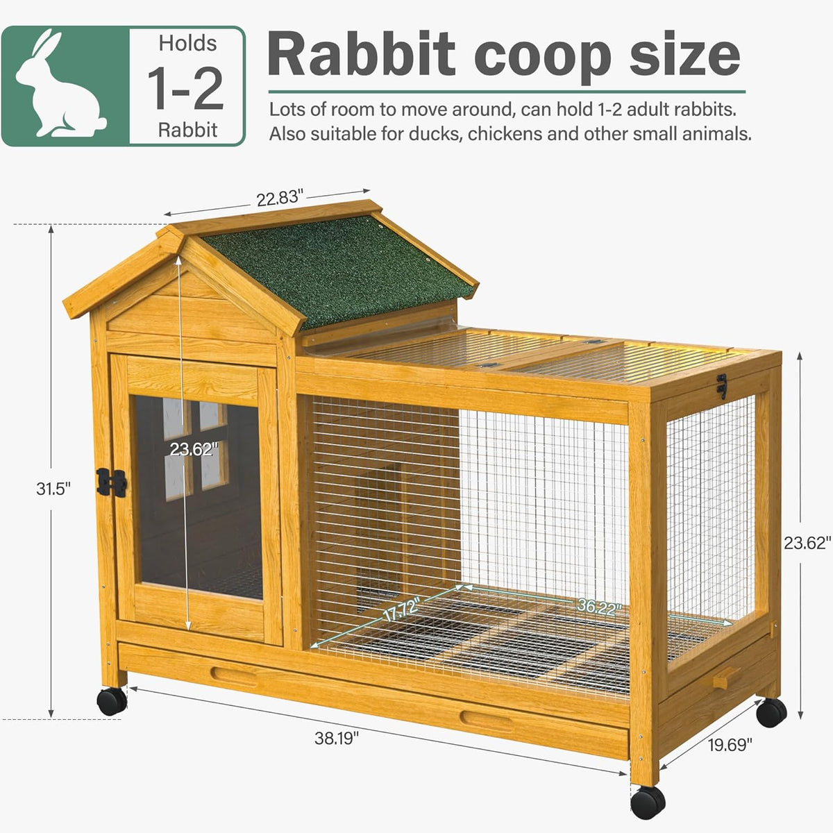 Wooden Rabbit Hutch with Waterproof Roof,Outdoor/Indoor Bunny Cage with Removable Slide-Out Bottom Tray, Chewproof Rabbit cage for Small-Medium Animals (Guinea Pigs, Hedgehogs)