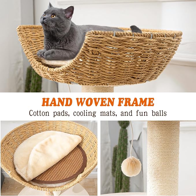 Natural Wood Modern Cat Tree with Top Cats Bed, Unique Cute Cats Furniture Activity Centre with Sisal Rope Scratching Posts, Cats Tower Condo with Interactive Cat Toy Tree