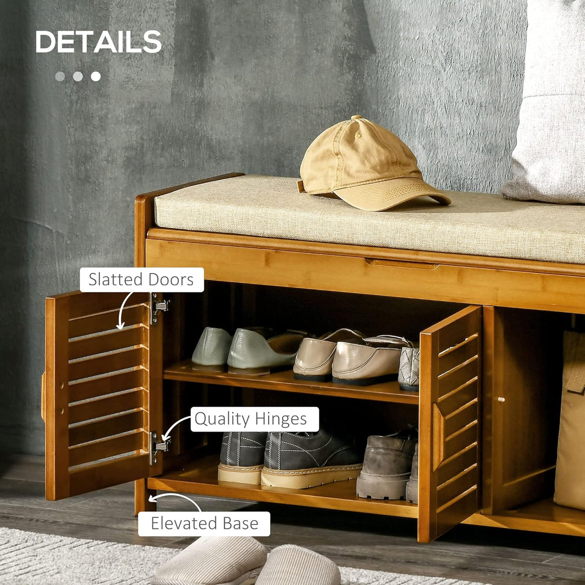 Shoe Bench with Storage Cabinets, Bamboo Entryway Bench with Seating Cushion, 3 Doors and Hidden Compartment for Hallway, Brown