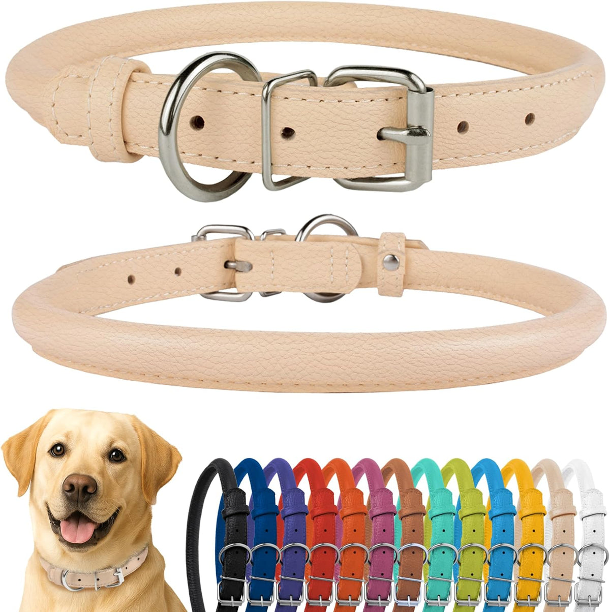 CollarDirect Rolled Leather Dog Collar, Soft Padded Round Puppy Collar, Handmade Genuine Leather Collar Dog Small Large Cat Collars 13 Colors (15-19 Inch, Beige Textured)