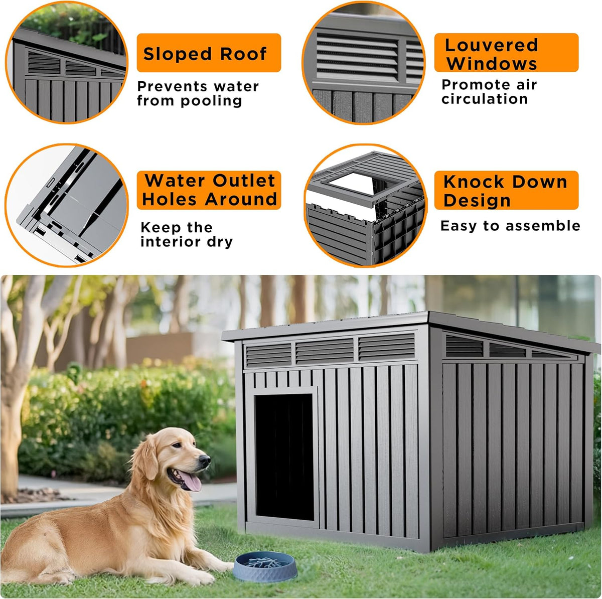 Dog House Indoor Outdoor,Resin Waterproof Puppy Shelter with Air Vents and Elevated Floor,Air Rod on Top to Open,Dog Kennel for Small to Medium Dogs(Grey,32.2 * 25.12 * 24.13)