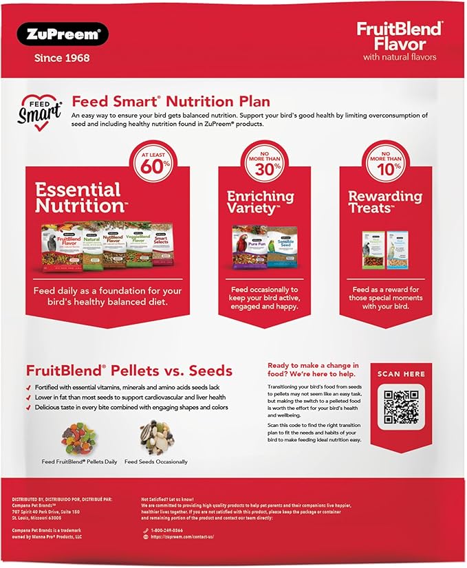 ZuPreem FruitBlend Bird Food, Bird Feed Pellets for Cockatiel, Lovebird, Quaker, Small Conure, Lorikeet, Core Nutrition with Natural Fruit, Cockatiel Food, Conure Feed, (Medium, 10 lb Bag)
