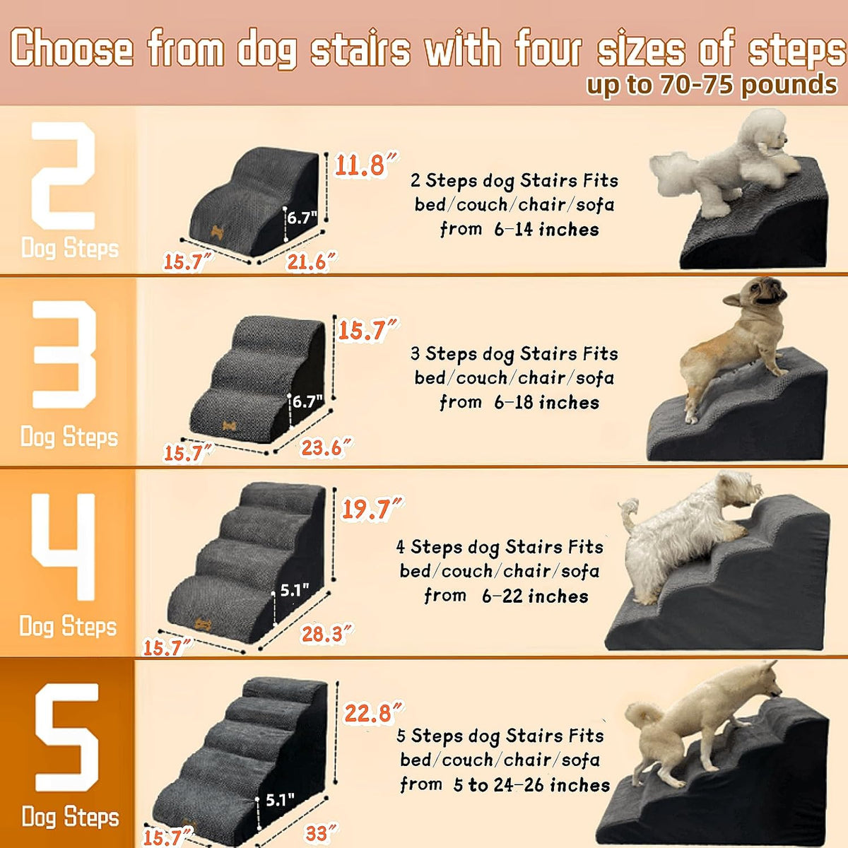 5-Step Dog Stairs for 30 Inch High Beds & 20-30 Inch Couch Bed, Non-Slip Balanced Indoor Pet Ramp Stairs for Small Old Large Dogs Cats to Get on Bed 30D