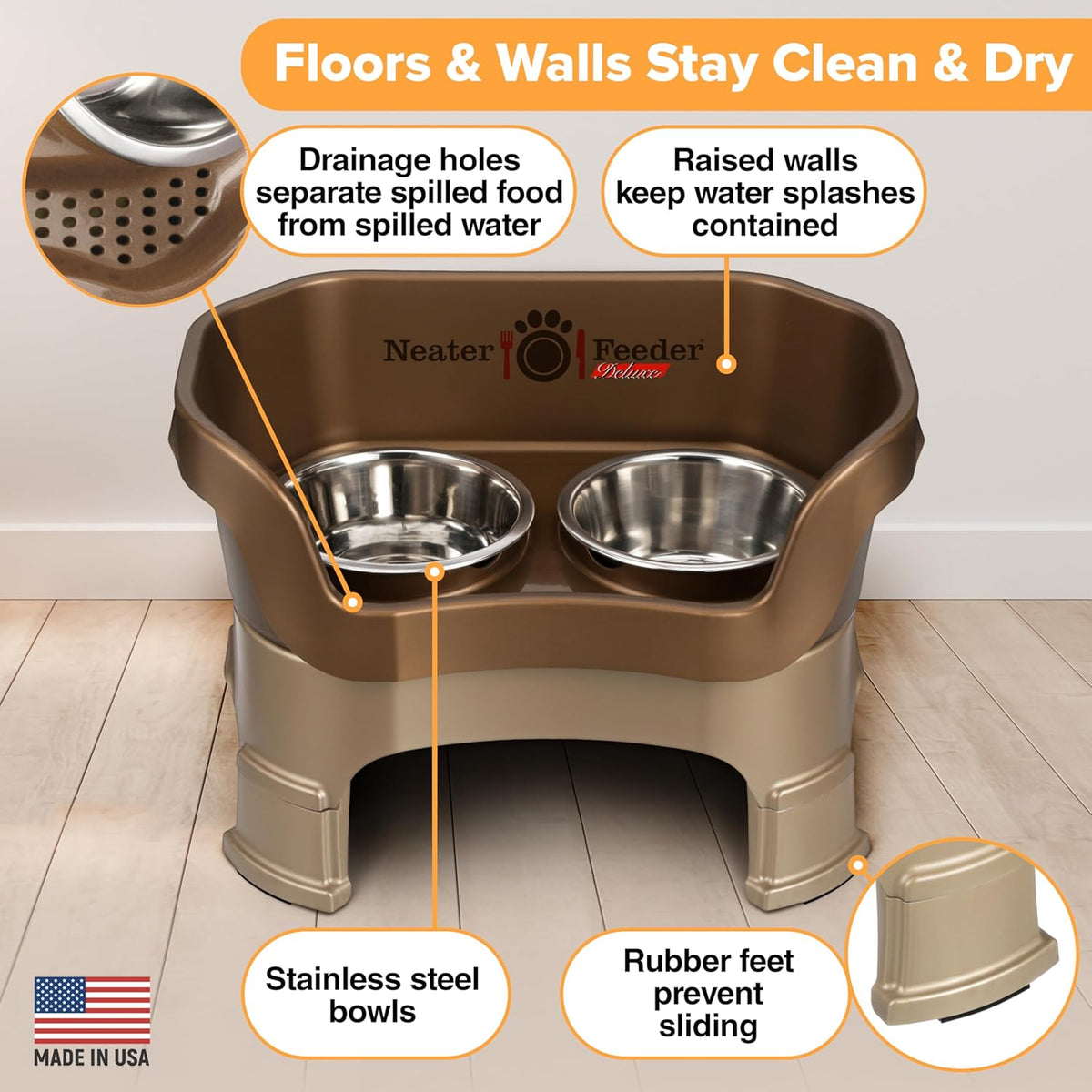 Neater Feeder Deluxe Mess Proof Dog Bowls Elevated Medium Sized Dogs (19-40 lbs) Made in USA, No Spill Raised Dog Food Bowl Stand w/Leg Extension, Stainless Steel Food and Water Bowl Set, Bronze