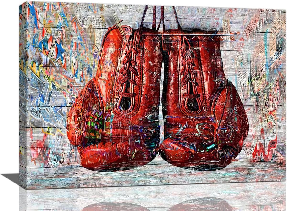 Quorin Banksy Graffiti Boxing Wall Art Red Boxing Gloves Pictures Gym Sport Wall Decor Canvas Print Painting Artwork for Gym Living Room Bedroom 16"x24"