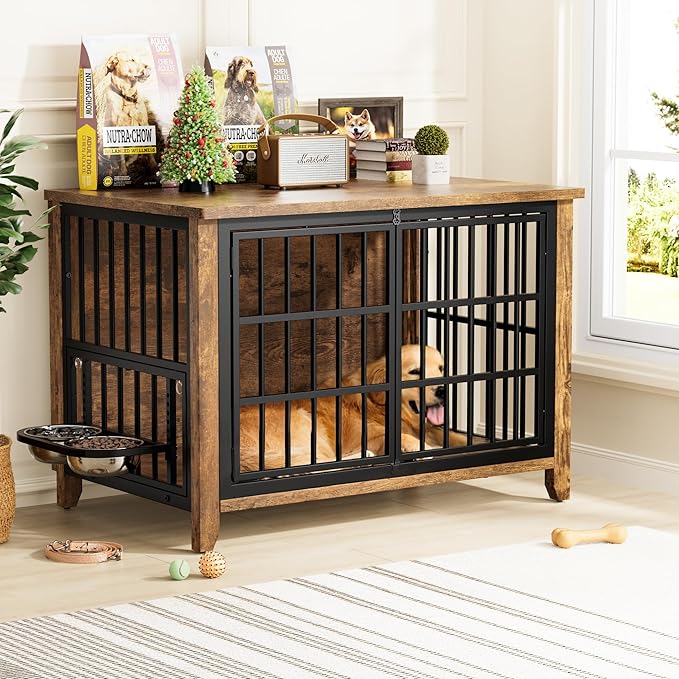 Lulive Wooden Dog Crate Furniture, Large Dog Kennel Indoor with 360°& Adjustable Raised Dog Bowls, Double Doors Furniture Dog Crates End Table for Large/Medium Dogs 37.8" L*23.6" W*27" H, Brown