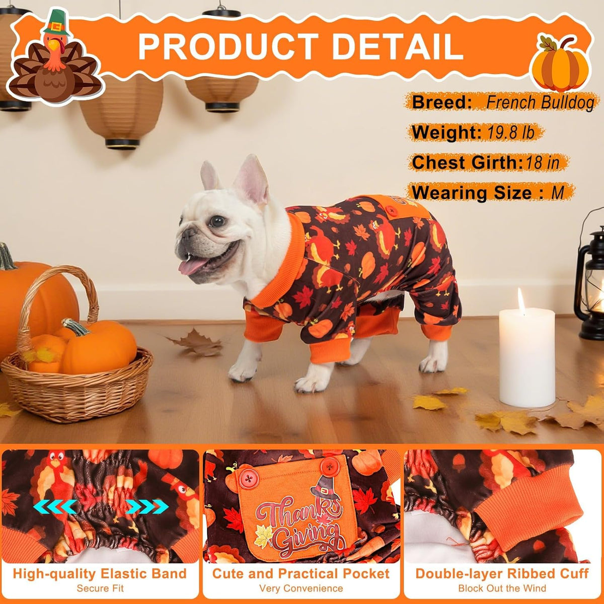 BEAUTYZOO Dog Thanksgiving Pajamas Small Sized Dog, Fleece Funny Ghost Pumpkin Costumes for Dogs, Soft Stretchable Doggy Onesie with Feet, Pet Apparel Clothes for Small Dogs Boy Girl, Orange S