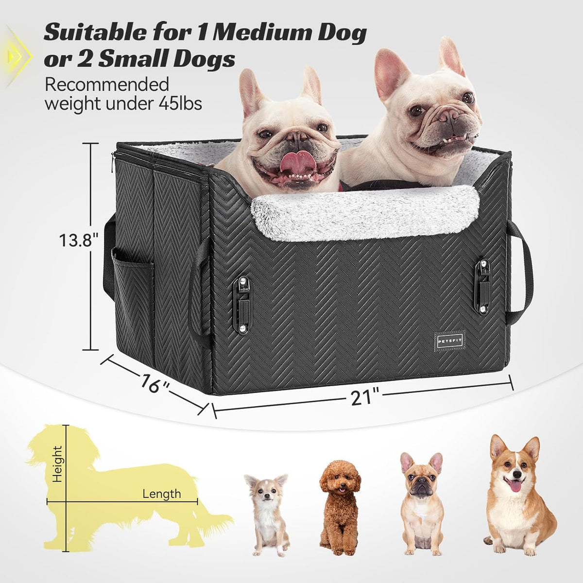 PETSFIT Dog Car Seat Medium Sized Dog, Waterproof PU Leather Dog Seat for Car with Patented Safe Buckles, 2 Clip-On Safety Leashes, Suitable for 2 Small Dogs (Medium, Black)