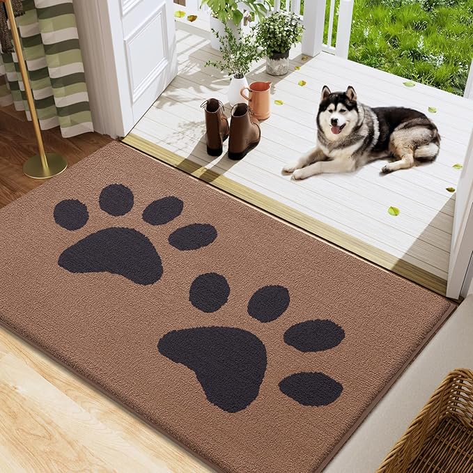 Buganda Dog Door Mat for Muddy Paws, Absorbent Dirt Trapper Washable Indoor Doormats, Non Slip Low-Profile Mud Mat for Dogs, Front Entrance Doormat for Inside Floor (48x30 Inches, Camel and Black)