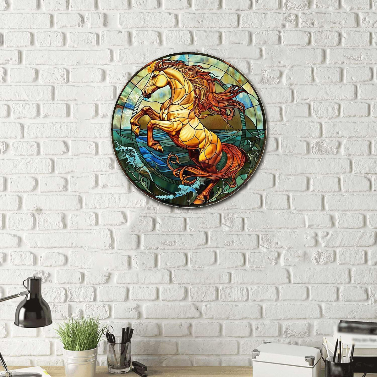 Lygond Metal Sign Tin Sign Circular Stained Glass Horse Funny Outdoor Decor for Bar 12×12 Inches