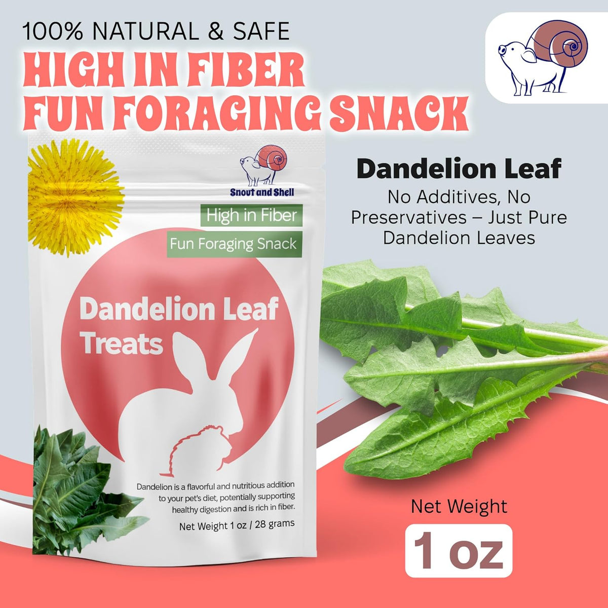Snout and Shell Dandelion Leaf Treat for Small Pets – 1 oz (28g) | High-Fiber, Natural Foraging Snack for Rabbits, Guinea Pigs, Chinchillas, Squirrels & More