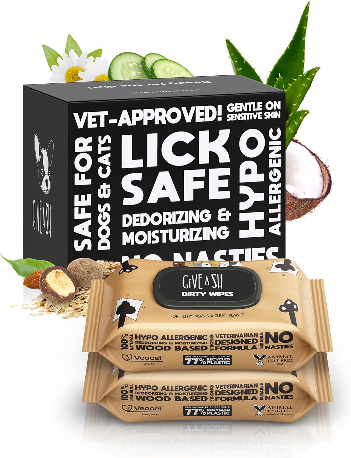Lick-Safe Pet Wipes for Dogs & Cats - Vet-Approved & Hypoallergenic - Cleans Mud, Odors & Dander - Wipes for Paws, Face & Butt - 10% to Charity - Earth-Friendly & Unscented Cat Cleaning - Pack of 200