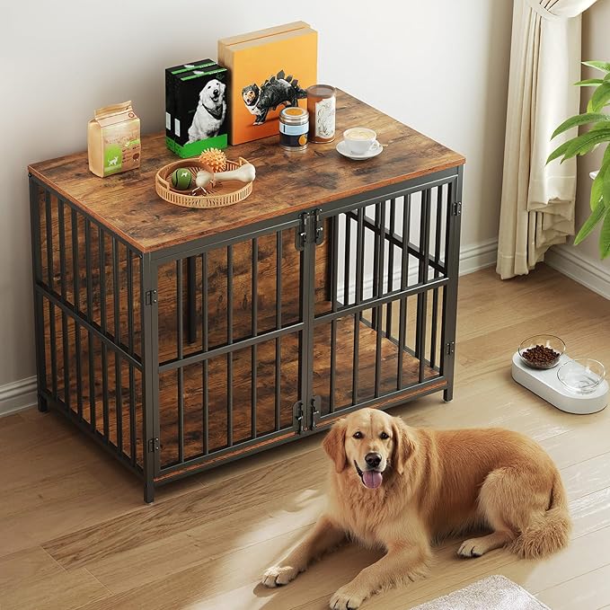 HOOBRO 38.6" Dog Crate Furniture, Wooden Dog Kennel Indoor, Heavy Duty Dog Cage for Small/Medium Dog, Decorative Side End Table, Rustic Brown and Black BF100GW03