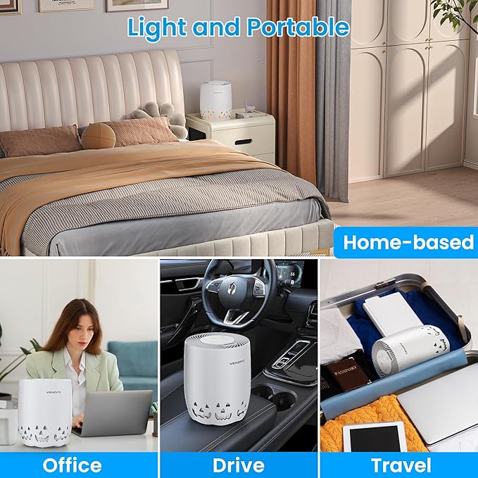 Air Purifiers for Home Bedroom up to 1076ft², True HEPA Air Filters Dust Pets Smoke Hair, 3 Fan Speeds Quiet, Timer Settings, Rechargeable Air Cleaner Office, Bedroom, Pets, Car