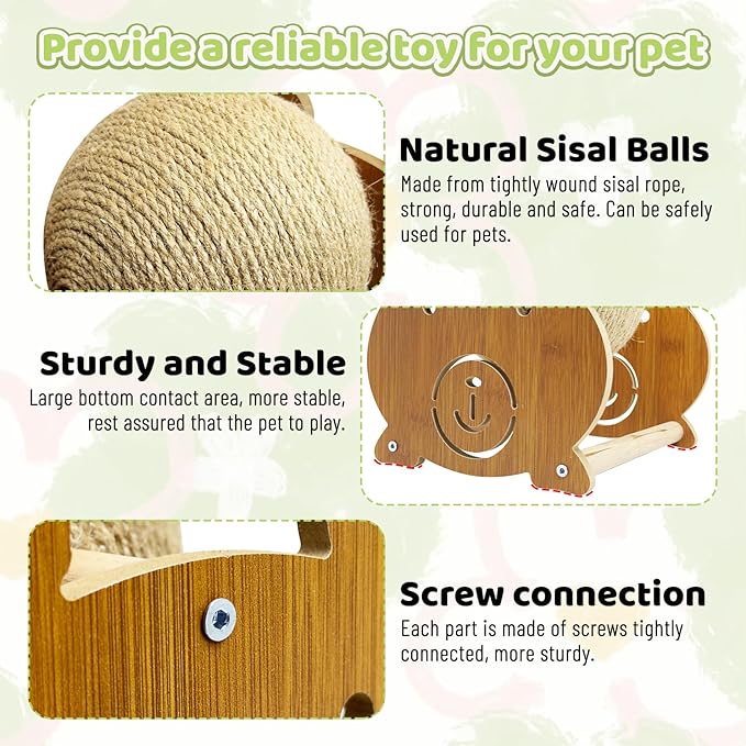 Fhiny Rabbit Scratch Toy, Natural Sisal Bunny Toy Scratching Ball Cute Sisal Bunny Claw Scratcher Ball Rabbit Enrichment Interactive Scratching Post for Kittens Ferrets Bear Shape