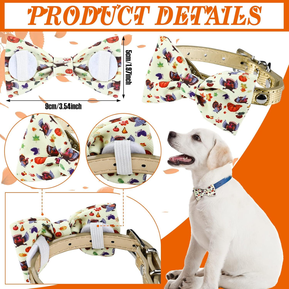 Weewooday 16 Pcs Dog Bow Ties Slide Pet Collar Bows Summer Hawaiian Styles Large Dog Collar Attachment Bowtie with Rubber Bands Male Pet for Spring Summer Grooming Independence Day(Pumpkin Style)