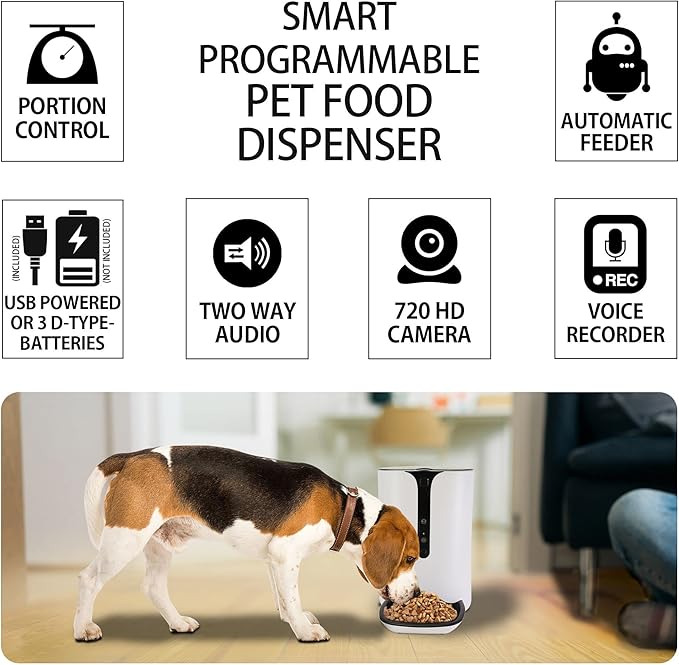Lentek Smart Pet Feeder - Auto Dry Feeding Dispenser for Cat & Dogs with 720p HD Camera & Timer, Alimentador, Programmable, WiFi, Smartphone Control, Automated Portion Controlled, 10 Oz Capacity