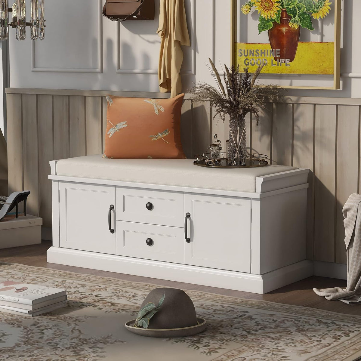 Storage Bench with 2 Drawers and 2 Cabinets, Pine Wood Shoe Bench with Removable Cushion for Living Room, Entryway 42.5" L x 15.9" W x 17.5" H (White)