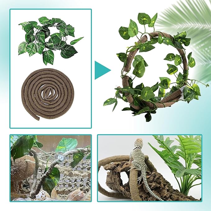 5 PCS Tank Accessories for Bearded Dragon Include Resin Hollow Tree Root Reptile Habitat Hideout Decor Hanging Jungle Vines Flexible Leaves Climbing Decorations for Lizard Gecko Chameleon Spider