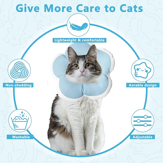 Cat Cone Collar Soft, Waterproof Cats Cones to Stop Licking After Surgery, Adjustable Soft Elizabeth Cats Collars for Wound Healing, Flower Shape Cat Recovery Collar (Blue, X-Small)