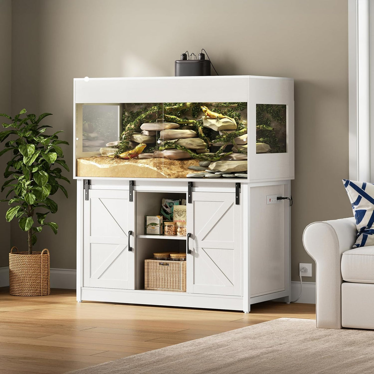 120 Gallon Reptile Terrarium with Stand, 4x2x2 Bearded Dragon Enclosure for Snakes Lizards, Large Vivarium Tank with Storage Cabinet, Acrylic Doors, Mesh Lid, Power Outlet White PX04RTWW
