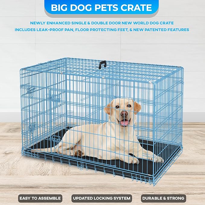 FDW Dog Crate for Large Dogs 42 Inch Folding Metal WirePet Cage Double Door W/Divider Panel Indoor Outdoor Kennel Leak-Proof Plastic Tray,Blue