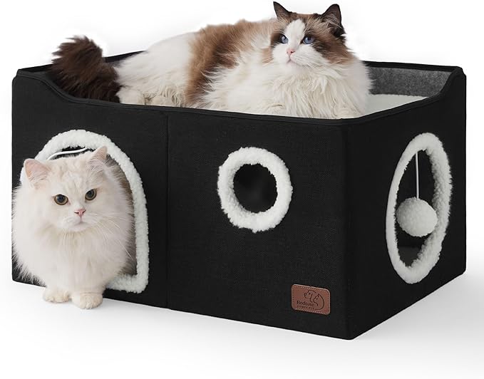 Bedsure Large Cat Beds for Indoor Cats - Extra Wide Cat Cube House for Small Pet with Fluffy Ball Hanging and Scratch Pad, Foldable Pet Cave Hideaway for Multiple Cats, 23.6x16.9x13 inches, Black
